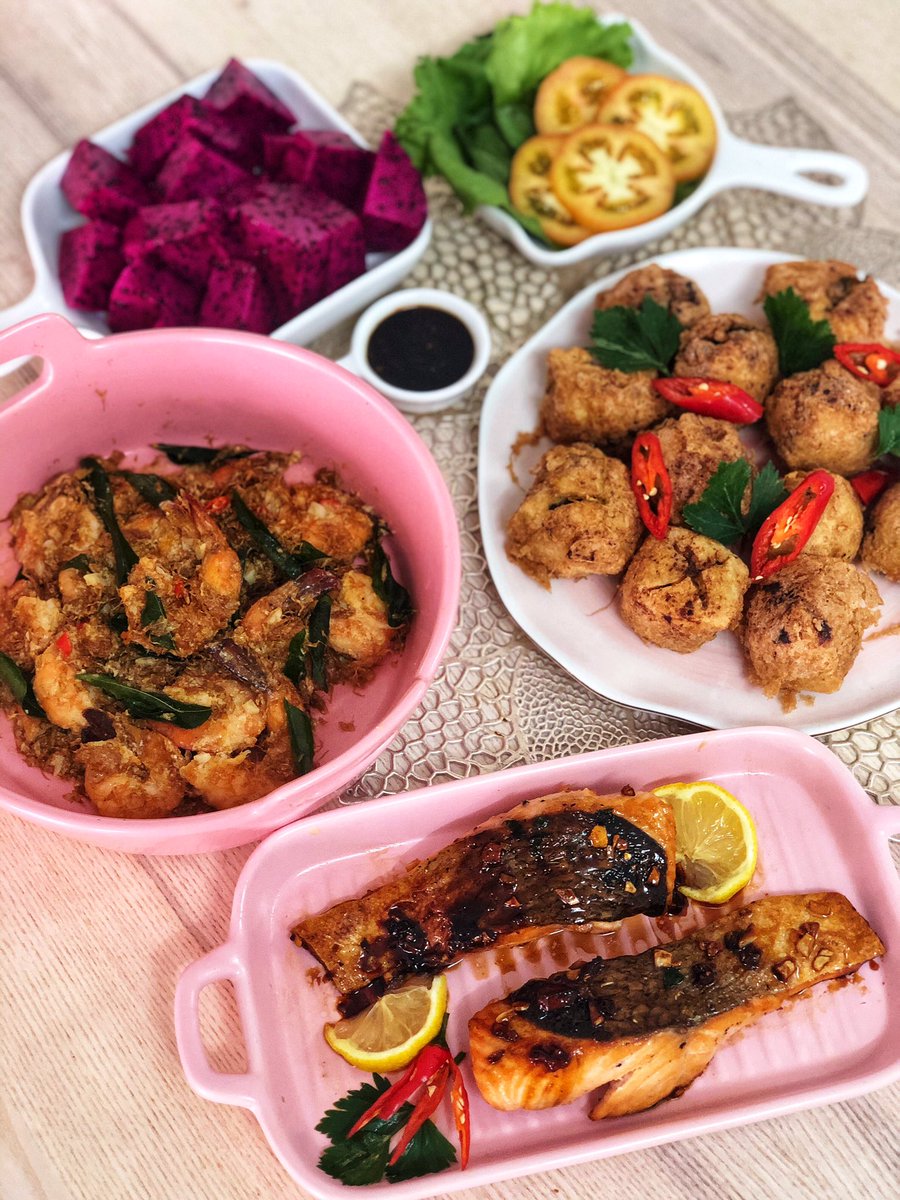 Honey garlic salmon, butter prawn