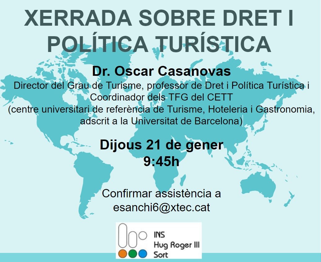 Ja sabeu que és un bon temps per formar-se i adaptar-nos a a allò que vindrà.  Anoteu a l'agenda el proper dijous dia 21, que tindrem el plaer de comptar amb una xerrada sobre #dret i #politica turística amb el Dr Oscar Casanovas de <a href="/CETT_UB/">CETT</a>
Agrairem que confirmeu assistència.
