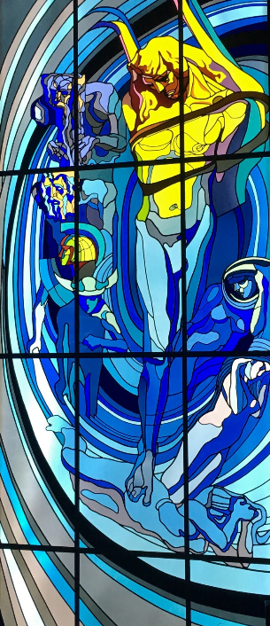 The project was commissioned by the society's president, Juliusz Nowak. Its centrepiece was Wyspiański triptych stained glass window of Apollo. Bound up, Apollo recalls both the figure of Christ from his play Wyzwolenie (Liberation) & Copernicus’ heliocentric observations 5/