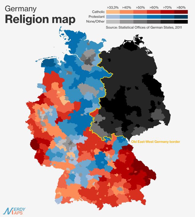 Noticing this map going around showing the long term impact of Communism on the former East Germany (noticing also there were underground churches in the former DDR as well as an official church in which Angela Merkel's father was a pastor). In the West, the pre-war continues.