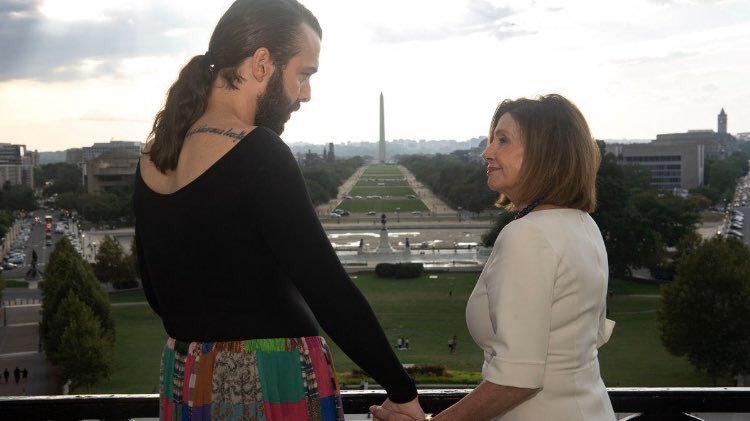 perma___ben's tweet image. JVN: “Wearing a shirt backwards is an act of bravery. Its a resistance slay, mama! It’s a way of saying—hello world, this is who *I* am!”

Pelosi: “Yes. :). Great. Thank you for coming to Congress today Weird Al. Your mission is so important”