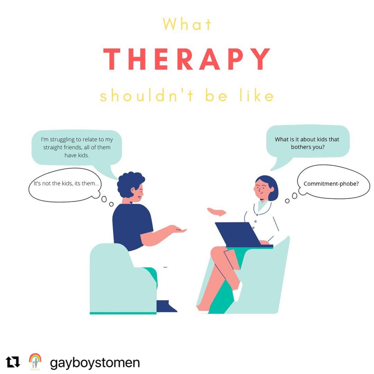 SilvaNeves3's tweet photo. Repost from @saquibna 

Many clients from the #LGBTQ community are misunderstood and unduly pathologised by their therapist. 

Make sure your therapist have a thorough knowledge and experience in working with Gender, Sexuality and Relationship Diversity (GSRD). 

#therapy https://t.co/9M7YdG7WPS