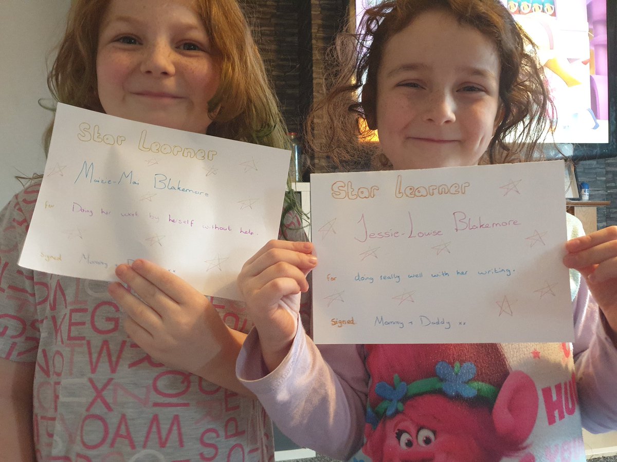 Sblakemore21's tweet photo. This week we have some  star learners..even though it takes Jessie ages to do her writing she actually  does so much and Maizie she just goes and gets on with her work by herself. Mommy and Daddy are so proud of you both, its only been 2 weeks so far but you  have done your best. https://t.co/jMTJNcTfFl