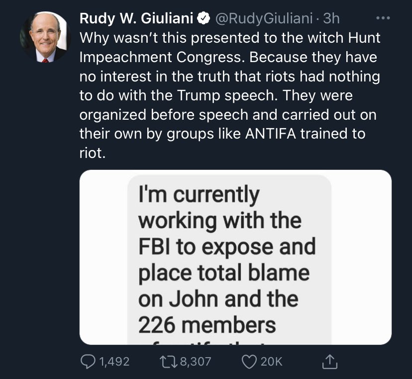 And it appears the president’s current personal attorney — one of the only lawyers actively defending him — is pushing the false/debunked notion that antifa was behind the Jan. 6 riots.