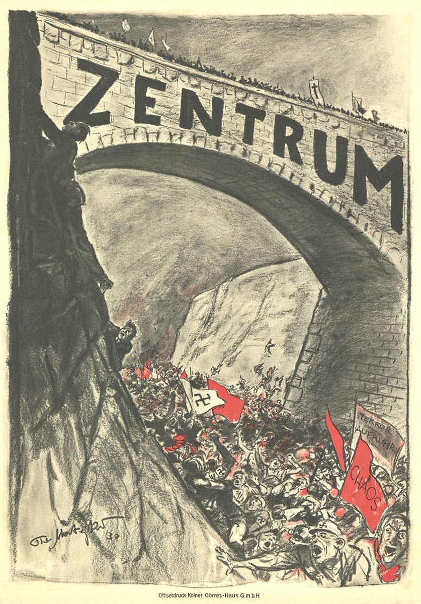 Zentrum folding in 1933 was a (if not the) great tragedy of Weimar politics. Zentrum could have been an alternative voice but, as Catholicism solidified its electoral base, this also meant it was never mainstream enough to be a sufficient alternative to the Red & Brown extremes