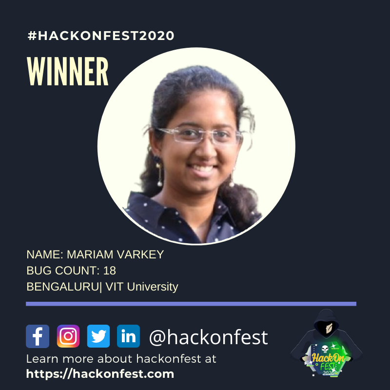 hackonfest's tweet photo. Hearty Congratulations to Mariam Varkey 
#winner #hackonfest2020 

#bugbounty #bugbountyprogram https://t.co/G3OMckLZwY