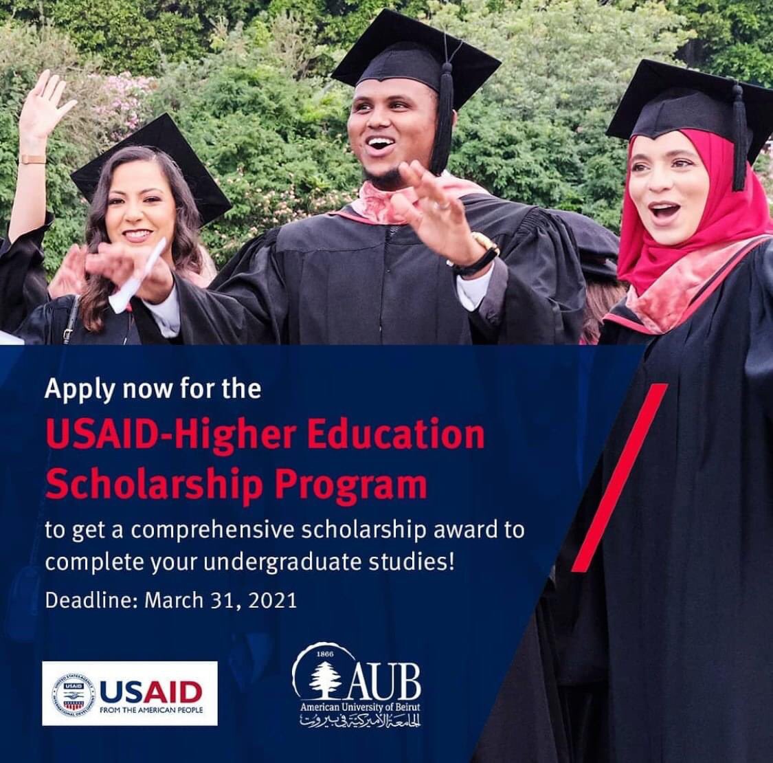 USAID-Higher Education Scholarship Program at #AUB! USAID Lebanon 
Apply now to the fully funded undergraduate scholarship award:
www-banner.aub.edu.lb/pls/weba/BWSKA…

Deadline for Fall 2021-22 is March 31, 2021.

#USAID #highereducation #highereducationscholarship #undergraduate