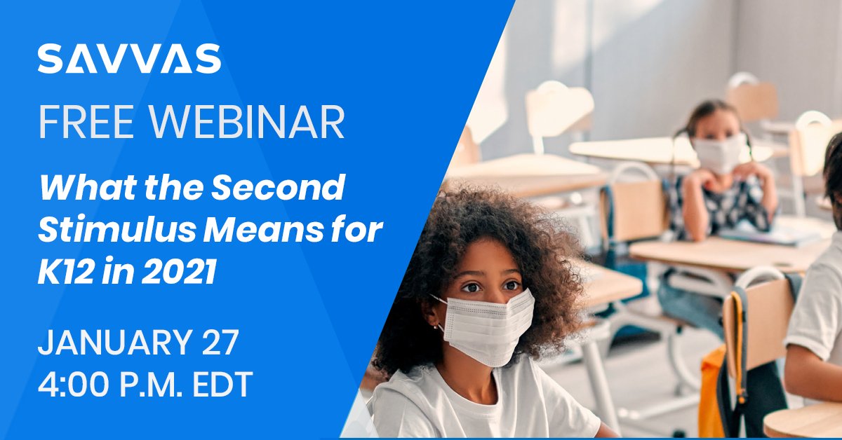 SavvasLearning's tweet image. For detailed guidance on the second stimulus and what it means for K-12 Education, register for our upcoming webinar on January 27th: ow.ly/EpxR50D5Oea #secondstimulus #covidrelief #K12Education #ESSER #GEER #edchat #CRRSA