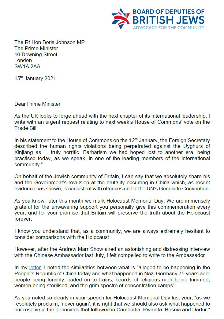 BoardofDeputies's tweet photo. .@BoDPres has just written to the Prime Minister @BorisJohnson, calling on the Government to support the Genocide Amendment to the Trade Bill, noting the horrific similarities between the treatment of the Uyghurs in China, and what happened in Nazi Germany 75 years ago. https://t.co/0jcumugWNb