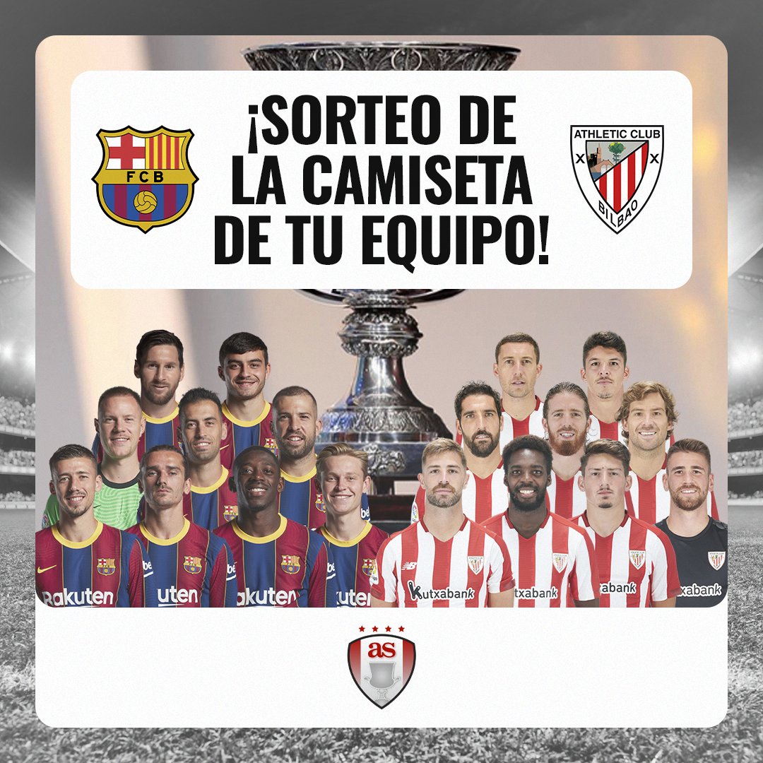 🚨 SORTEO final Supercopa🏆
 
🎁 Gana la 👕 de tu equipo
 
📝 Requisitos
 
📲 Síguenos + Rt 
 
⚽️ Da un resultado para el Barcelona - Athletic Club (Cuenta la prórroga)
 
⏰ Hasta el domingo a las 21:00h. El lunes se hará un sorteo entre los acertantes de las 3 RRSS
 
😉 ¡Suerte!