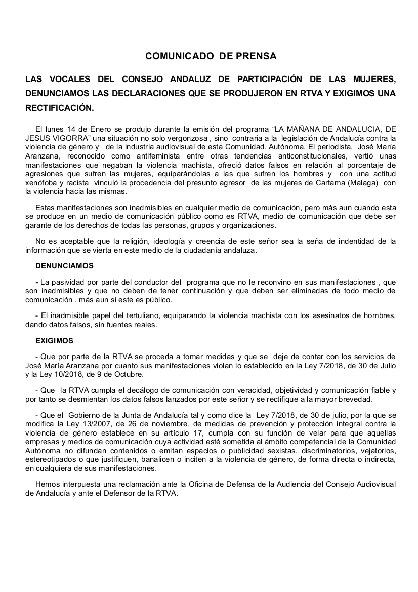 Las vocales del Consejo Andaluz de Participación de las mujeres, DENUNCIAMOS las declaraciones machistas que se produjeron el la #RTVA y  EXIGIMOS a @defensorrtva  y al gobierno de la <a href="/AndaluciaJunta/">Junta de Andalucía</a>  que se cumpla la LEY.