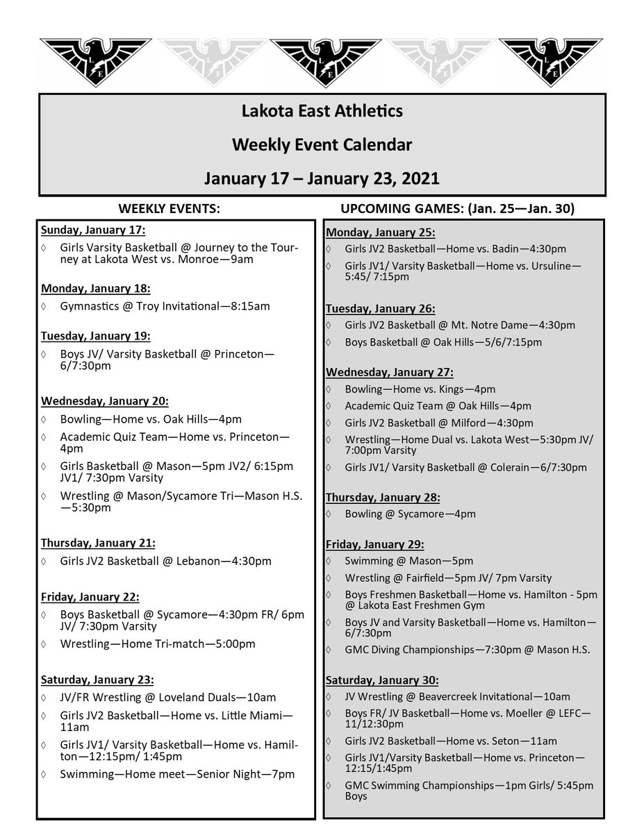 Athletic Calendar for Jan. 17-23. Go Hawks! <a href="/EAST_HAWKS/">Lakota East High</a>