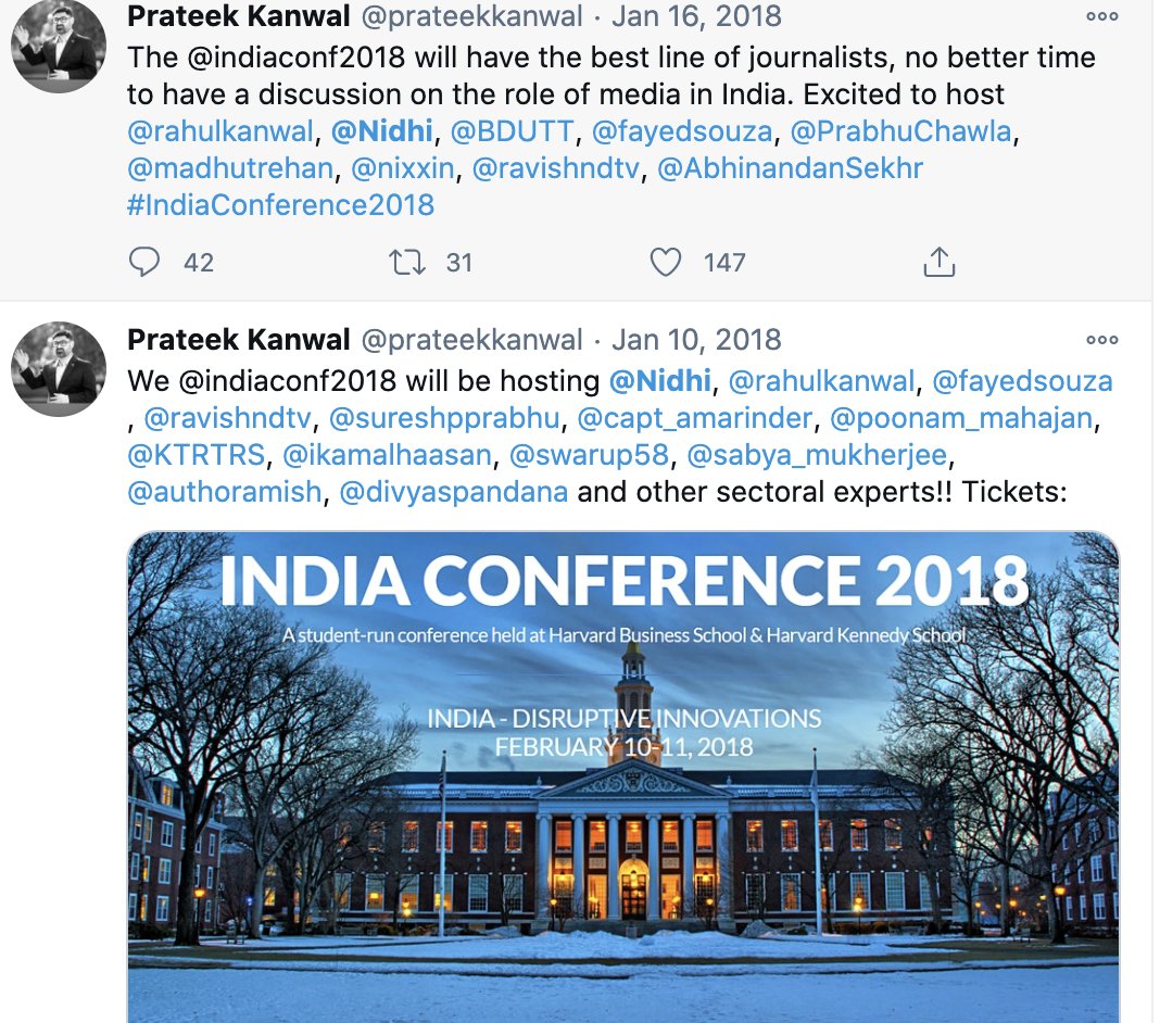 Rahul Kanwal's brother  @prateekkanwal, a harvard alumni used to invite  @Nidhi to Harvard conferences. He later appointed "Prof Harvard" Nidhi on the adviser board of his highly expensive school  @KautilyaSPP. Kuch to gadbad hai daya!