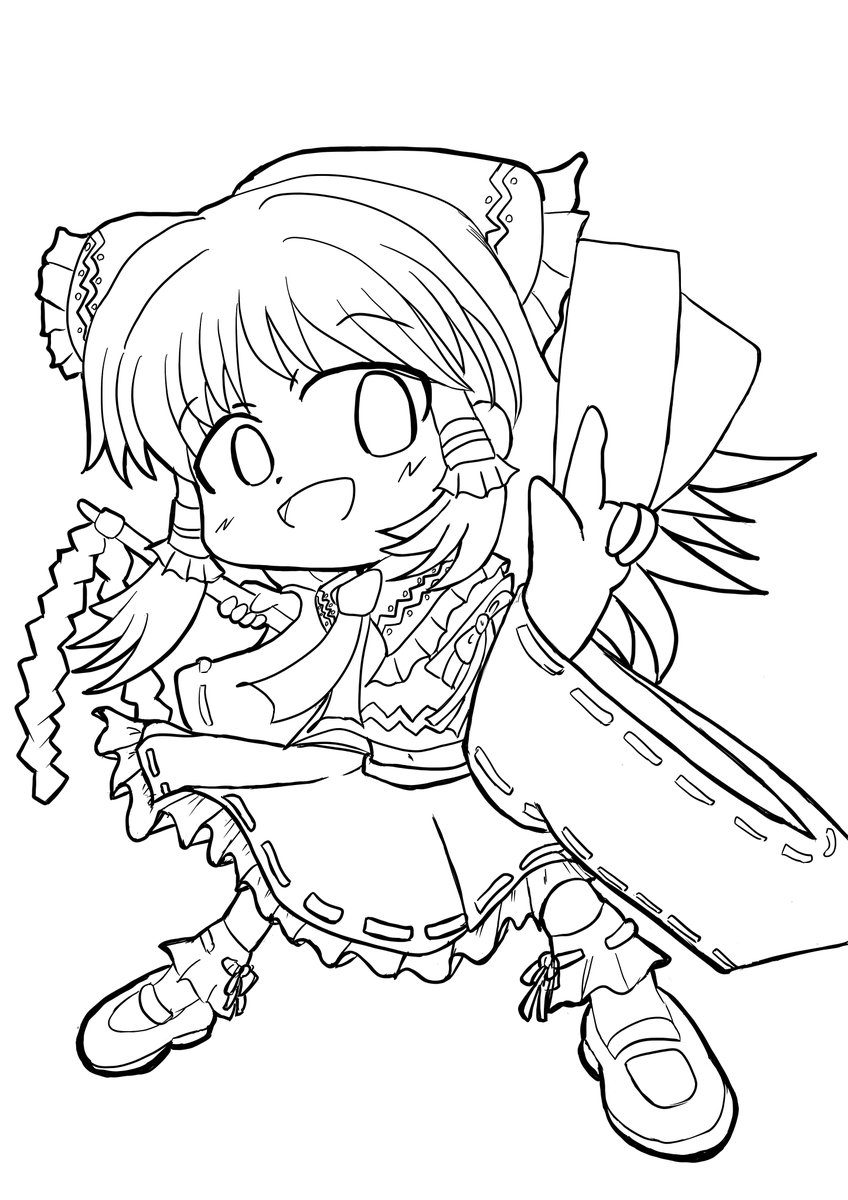 秋茄子 焼まゆる先生の配信中になんとか線画まで終わった 博麗霊夢を描いてみました どちらかというとゆっくり霊夢の方が良く見ている気がしなくもない ２次創作 東方 東方project イラスト 博麗霊夢