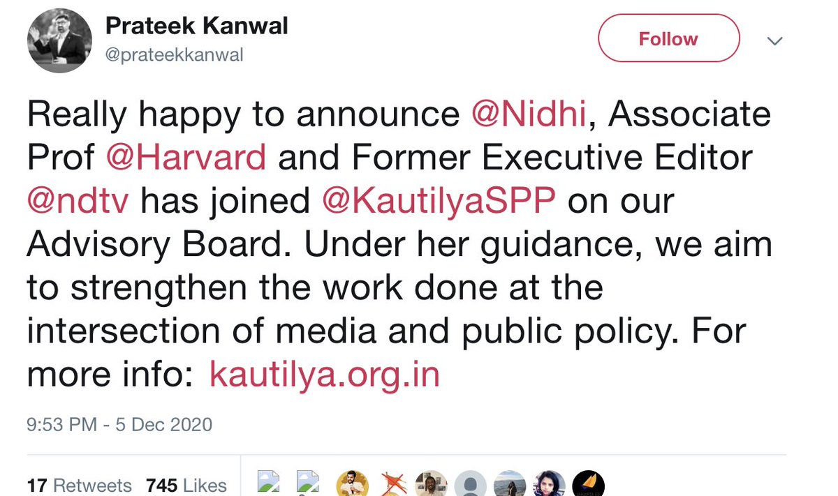 Rahul Kanwal's brother  @prateekkanwal, a harvard alumni used to invite  @Nidhi to Harvard conferences. He later appointed "Prof Harvard" Nidhi on the adviser board of his highly expensive school  @KautilyaSPP. Kuch to gadbad hai daya!