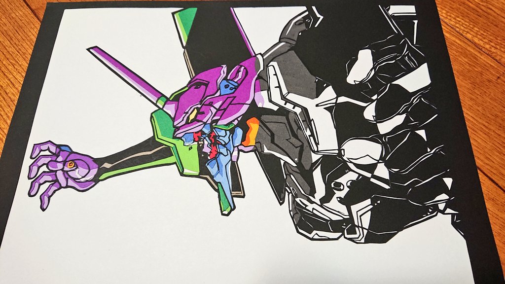 エヴァンゲリオン 以前お試しで切ってみたんだけれど カラー 剥がし モノクロ切り絵で作った初号機で くまのイラスト エヴァンゲリオン 以前お試しで切ってみたんだけれど カラー 剥がし モノクロ切り絵で作った初号機で くまのイラスト