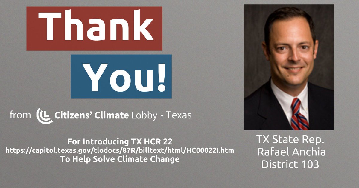 @CCLHouston would like to thank #TX State Rep. Anchia  for introducing HCR 22  bit.ly/2LQsL3E to promote #BiPartisan discussions to help solve #ClimateChange in #Texas while still expanding & diversifying the economy 🌎

Thank you!

CC:   #TXLege  @RafaelAnchia  @TxEESR