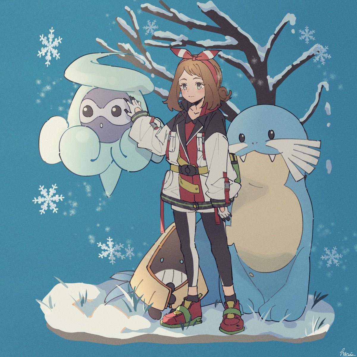 may (pokemon) 1girl pokemon (creature) snowflakes brown hair standing shoes closed mouth  illustration images