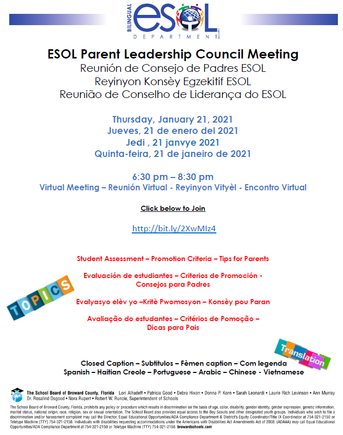 Please share this great opportunity for families of <a href="/browardschools/">Broward County Public Schools</a> ELLs on 1/21/21 at 6:30 pm. Assessment, promotion criteria &amp; helpful tips will be shared at this virtual meeting. Join bit.ly/2XwMlz4 <a href="/OSPA_Cadre8/">OSPA Cadre 8</a> @OSPACadre7 @Cadre6_Broward <a href="/cadre_5/">Cadre 5</a> @BrowardHSCadre1