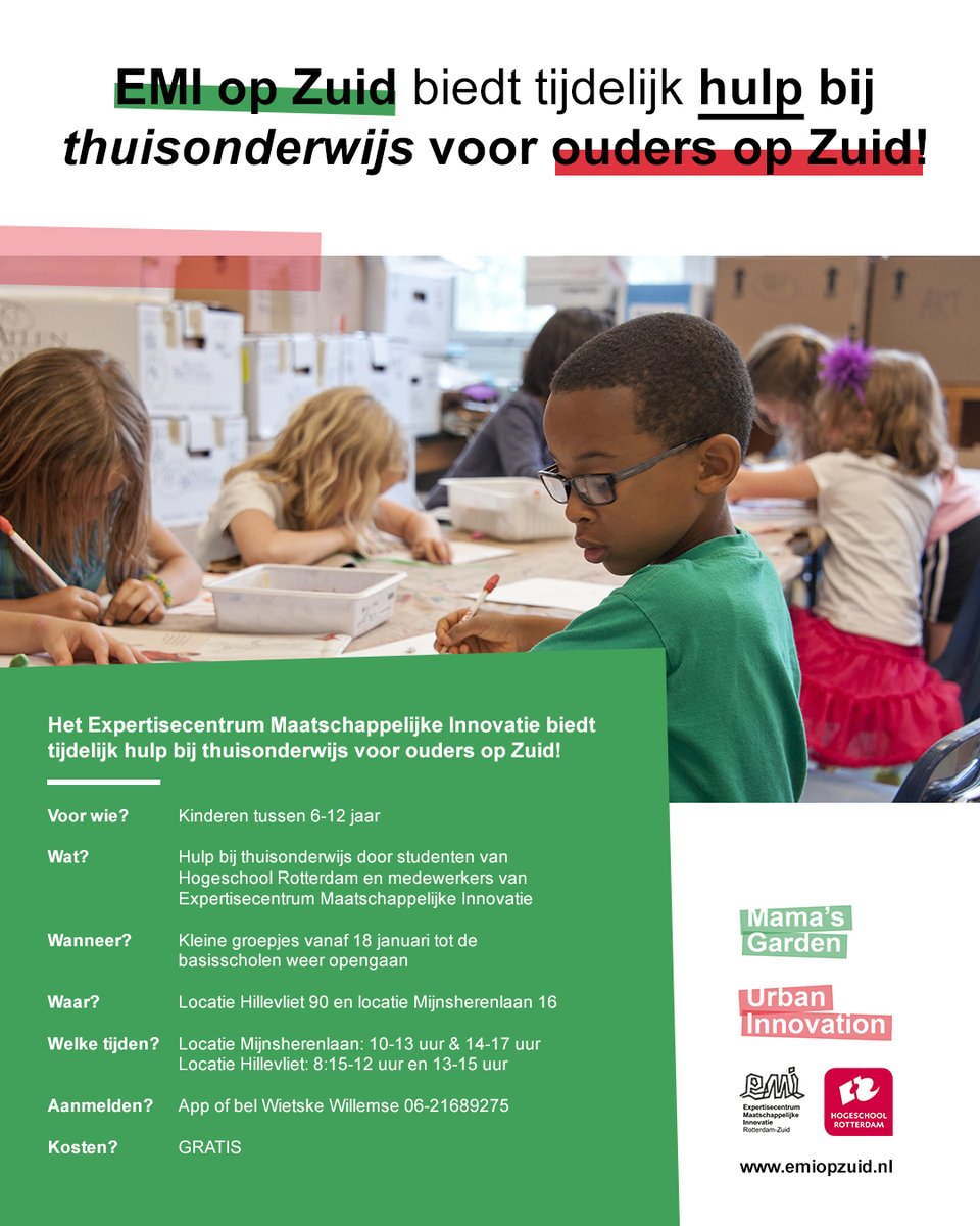 EMIopzuid's tweet photo. Vanaf 18 januari (tot de basisscholen weer opengaan) zullen medewerkers van EMI op Zuid en studenten kinderen van 6 t/m 12 jaar huiswerk begeleiding bieden op twee fysieke locaties met inachtneming van de corona regels. 👉Aanmelden kan door te bellen of appen naar 06-21689275 https://t.co/e0dZGhGM0q
