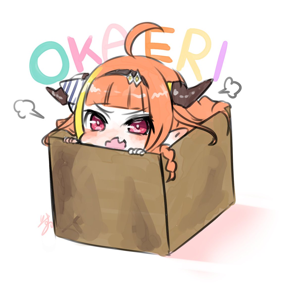 kiryu coco 1girl horns orange hair solo ahoge in container horn bow  illustration images