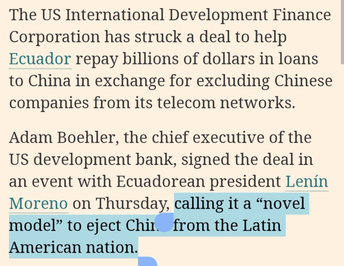 The US govt's neocolonial finance arm the Development Finance Corporation is working with US banks to "eject China from Latin America" by strong-arming countries to sell off their assets, while claiming to "save" them from much more favorable deals with ChinaSo cynical and vile