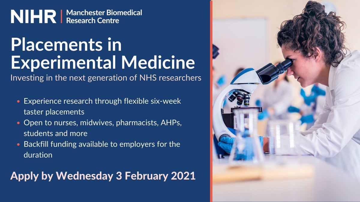 ManchesterBRC's tweet photo. Are you a healthcare professional or AHP looking to take your first steps into clinical research?

Our Experimental Medicines placements could be the scheme for you!

Find out more details and how to apply here:
https://t.co/yXZubBCZHJ https://t.co/N49wgcZzBu