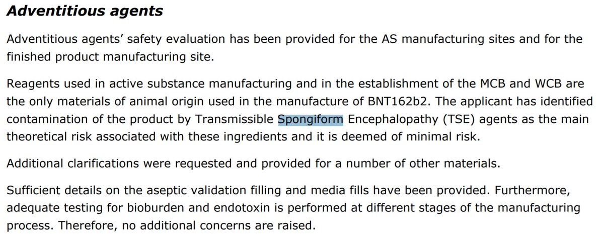 Cette maladie de la vache Folle est provoquée par un Prion, la PrP, une protéine dont la configuration anormale lui confère une infectiosité mortelle. Cette protéine provient des farines animales produites à base de carcasse de bovin. Les Vaccins à ARN en contiennent :