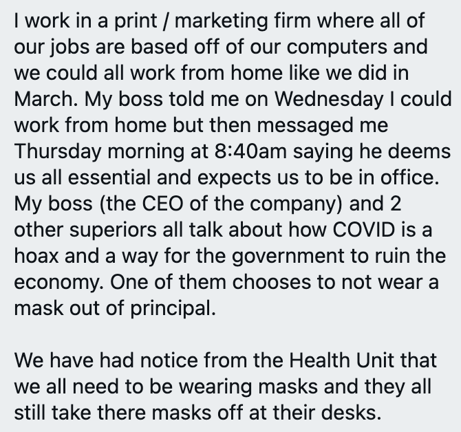 Perhaps it's not surprising that COVID denialist CEOs choose not to let their employees work from home with current you decide if you're essential "lockdown"