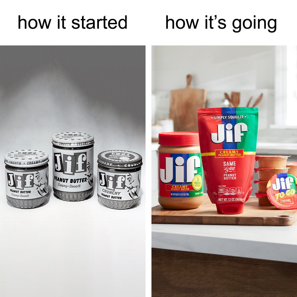 1958 ➡️ 2020
How it started vs. how it's going. Some things may have changed, but #MyCompany's Jif® brand has always been #thatjifinggood

#howitstartedvshowitsgoing #howitstarted