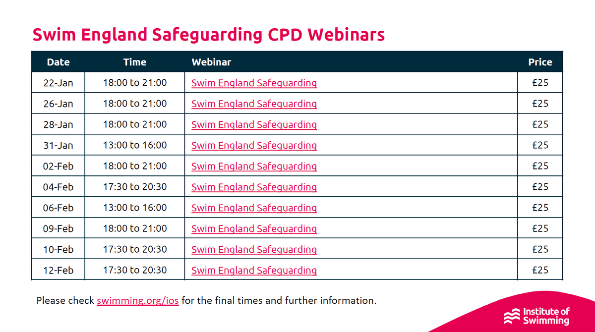 There are lots of opportunities to complete your <a href="/Swim_England/">Swim England</a> Safeguarding training over the next few weeks. 

Download our timetable here: bit.ly/2XJNFUU