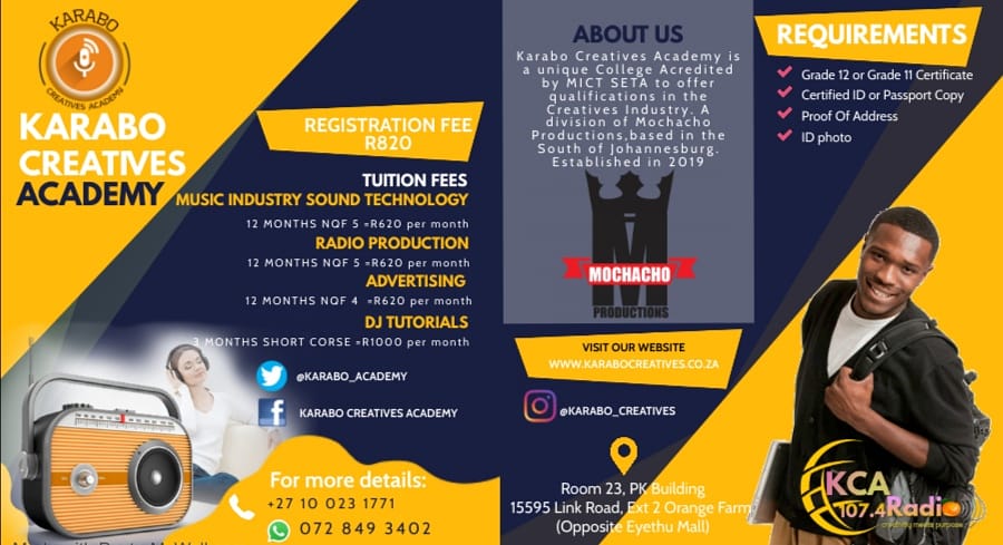 GMissionEnterta's tweet photo. Karabo Creatives Academy a Unique College that offer Creatives accredited QUALIFICATIONS in

-  Radio Production
-  Music Industry Sound Technology
-  Advertising
-  DJ Tutorials

Registration Now OPEN 
for 2021

Log on to https://t.co/ENDzAFq7QB https://t.co/0dcRM0Yhm3