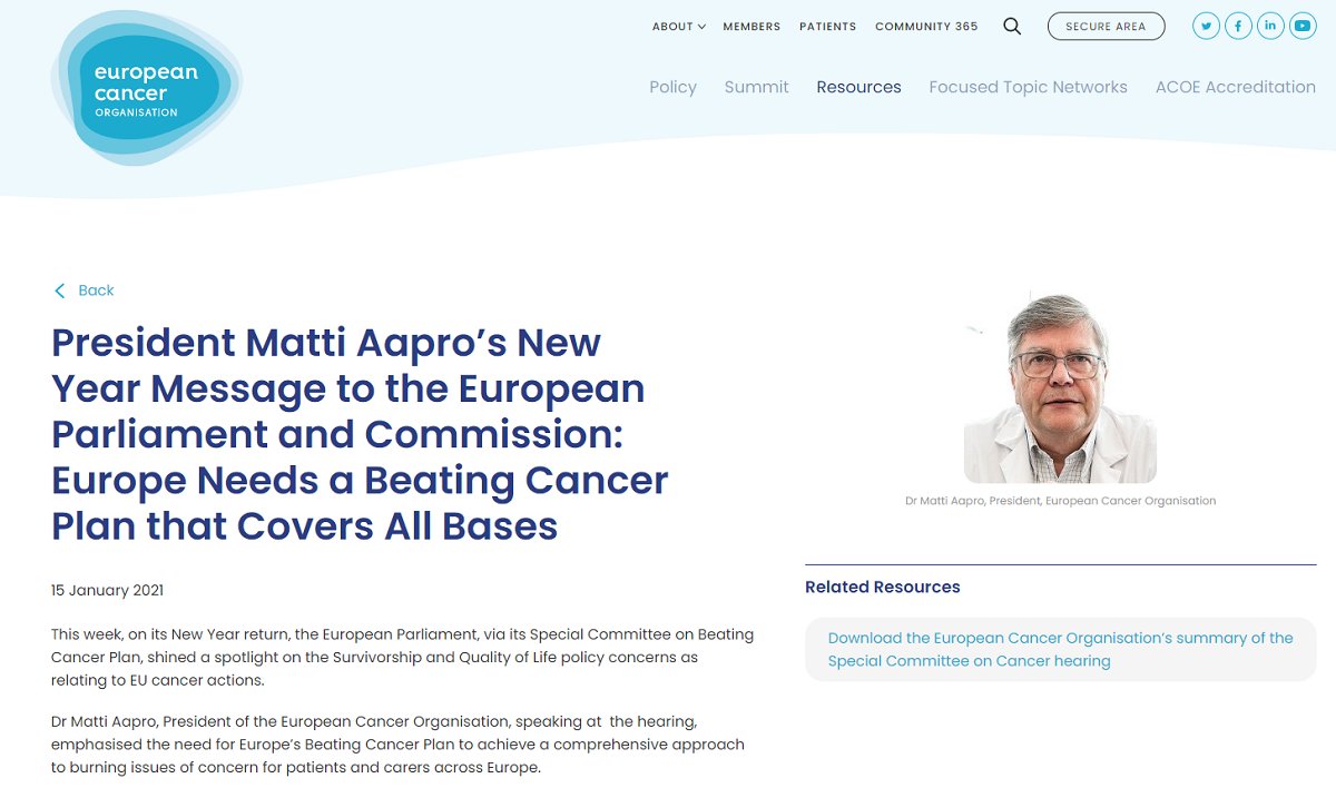 EuropeanCancer's tweet photo. .@EuropeanCancer President Matti Aapro’s New Year message to the @Europarl_EN and @EU_Commission: #Europe needs a #EUCancer Plan that covers all bases
👉https://t.co/N83JAsosrF
#cancerpolicy #EU #cancercare https://t.co/68znfwEMMT