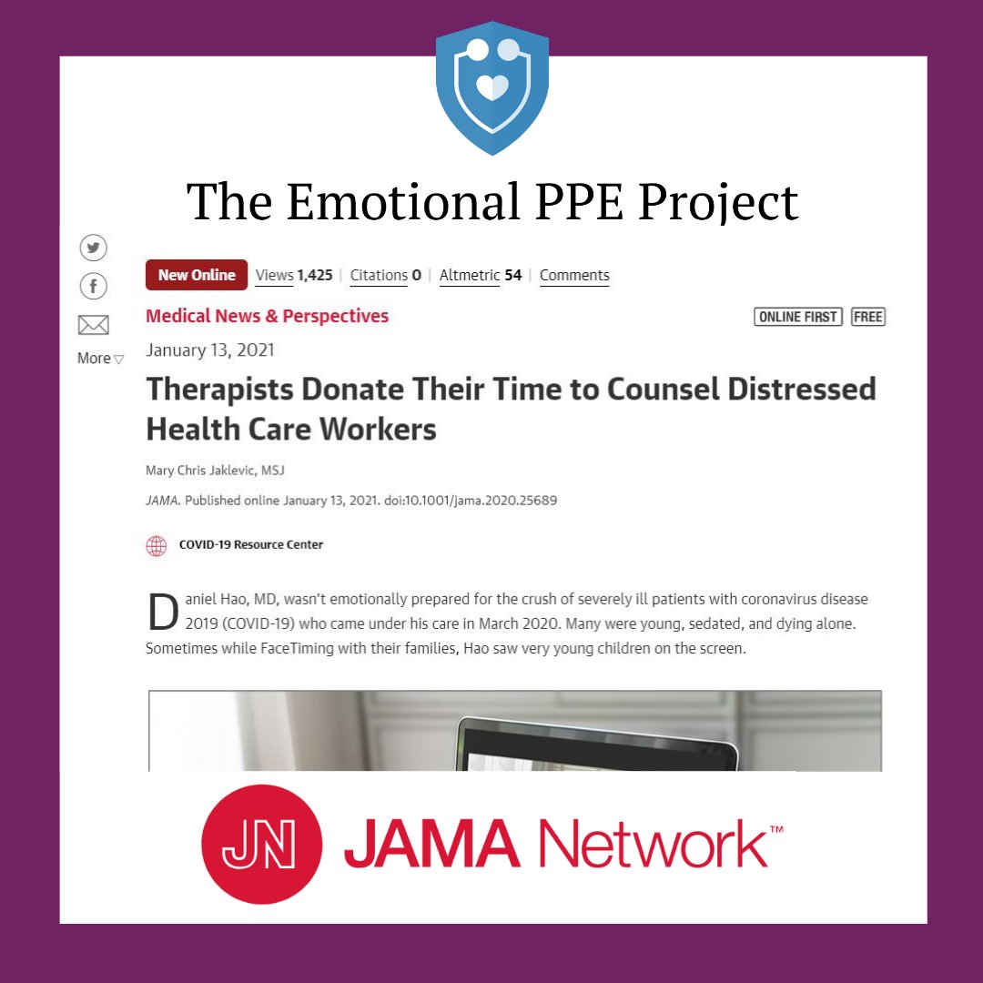 The Emotional PPE Project is grateful to <a href="/JAMA_current/">JAMA</a>  for highlighting the mental health needs of healthcare workers and the barriers they face.  We are proud to be featured alongside other orgs.  as advocates for getting healthcare workers needed help.

jamanetwork.com/journals/jama/…