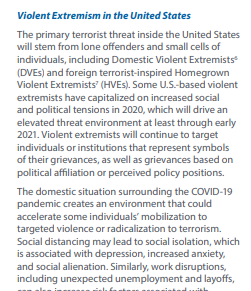 Specifically, they note that "[v]iolent extremists will continue to target individuals or institutions that represent symbols of their grievances, as well as grievances based on political affiliation . . ."It further notes that COVID-19 could accelerated this violence.10/