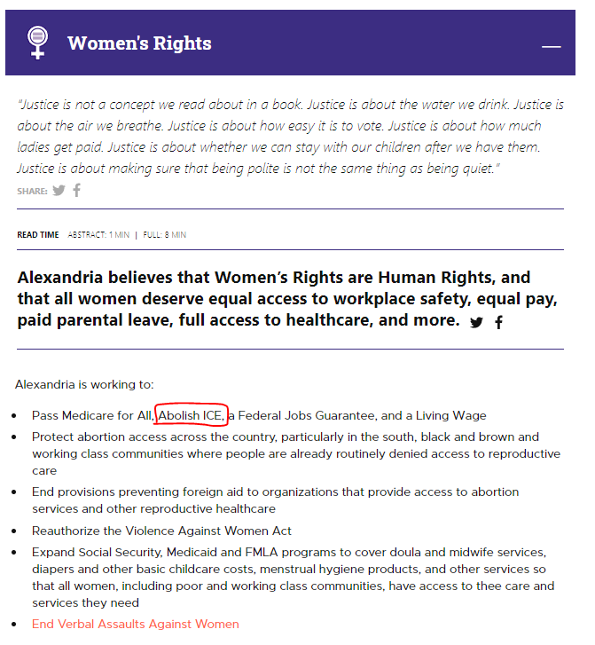 This is how Immigration Issues and Women's Issues appear as of January 2021. Abolish ICE is absent from Immigration Issues, but now appears *in passing* under Women's Issues.