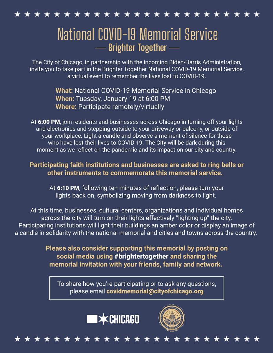 LUCCivicEngage's tweet photo. The City of Chicago is partnering with the Biden-Harris Administration for a National COVID-19 Memorial Service, titled "Brighter Together" to remember the lives lost to COVID-19.  The virtual event will take place on Tuesday, January 19 at 6:00 p.m. CDT! https://t.co/2eYjTsK9yk