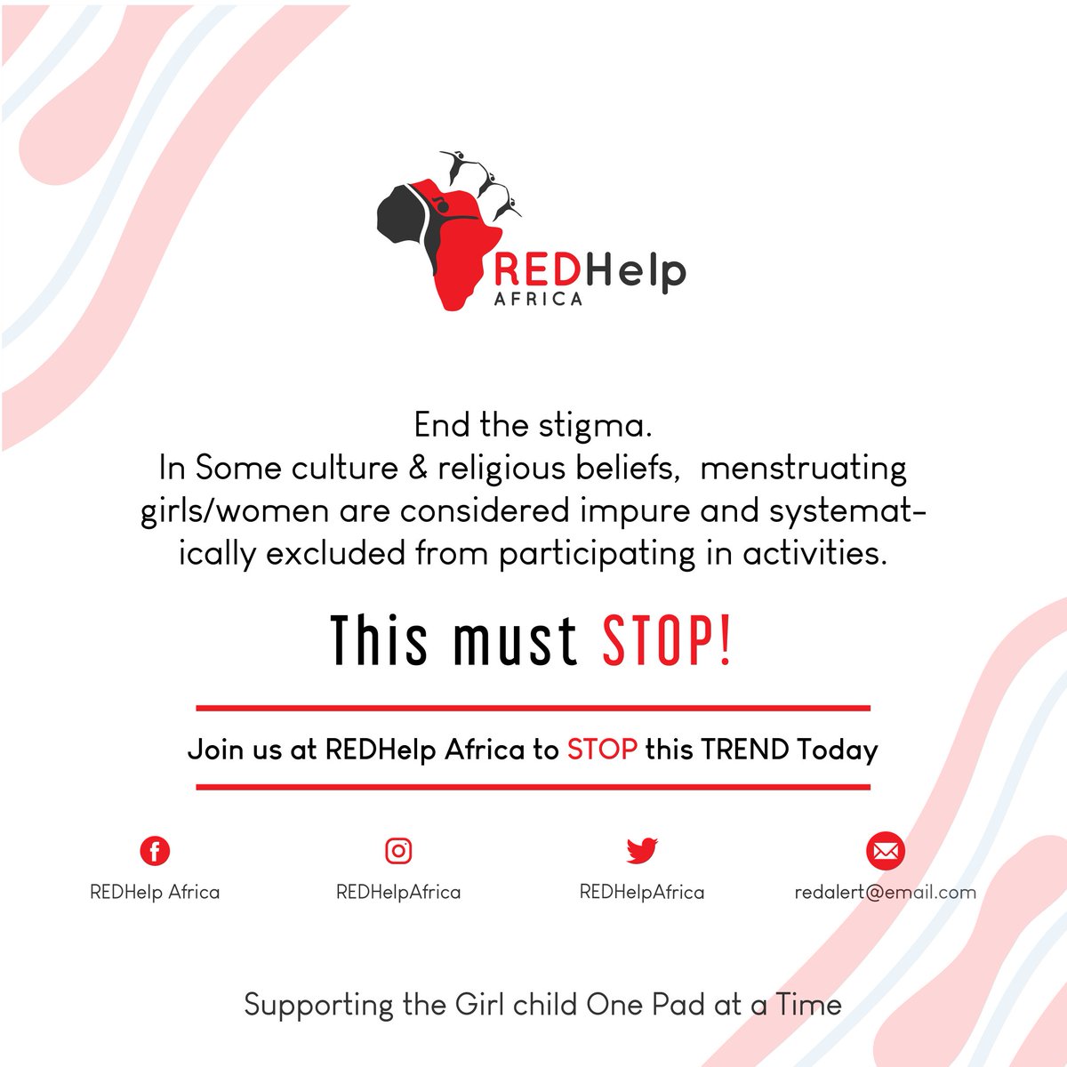 REDHelpAfrica's tweet photo. In some culture & religious beliefs, menstruating girls/women are considered impure and systematically excluded from participating in activities.
This must stop!
Join us to End The Stigma ‼️
@AbdulMahmud01 @DrZobo @aproko_doctor @NekkaSmith @LadyGrasha
#REDPush #RedHelpAfrica https://t.co/RrRdx8xsrO