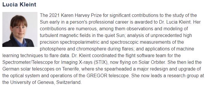 The SPD Karen Harvey prize 2021 is awarded to the former GREGOR telescope scientist and head of the German observatory on Tenerife at the Leibniz Institute for Solar physics (KIS) Dr. Lucia Kleint. spd.aas.org/prizes/harvey/…