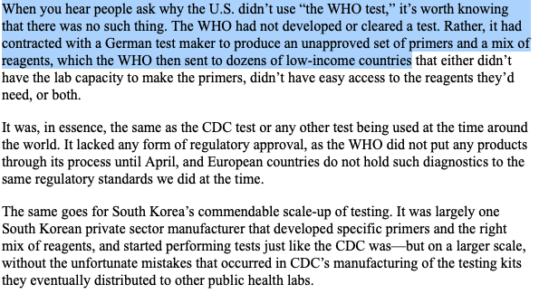 Azar defends questions about why the CDC refused an early German test vetted & distributed by WHO, by saying it was ‘unapproved’ & beneath us.False. Top US researchers in my stories vetted several tests as early as Feb,& found that the one recommended by WHO was ideal.