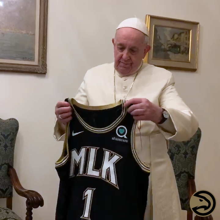 SharecareInc's tweet photo. Dr. King and @Pontifex: two icons who remind us we're #AllTogetherBetter, even amidst generation-defining change. We're proud to be a part of such a historic moment with the @ATLHawks. https://t.co/j7ohtg9mTg