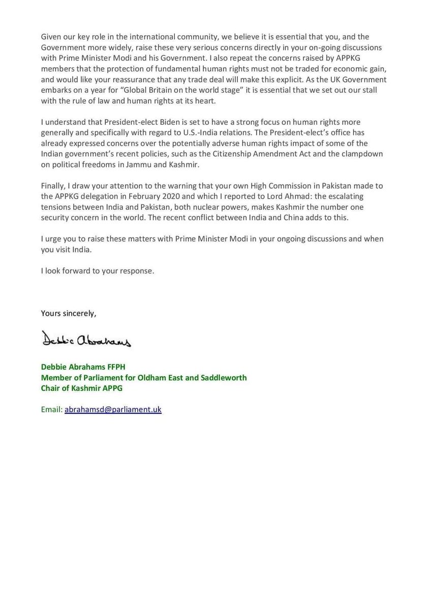Debbie_abrahams's tweet photo. I wrote to the Prime Minister about the situation in Jammu and Kashmir and the important role of the international community. 

Read more below 👇 https://t.co/krXkKO24i5