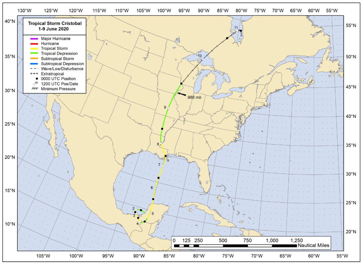 The Tropical Cyclone Report for Tropical Storm #Cristobal (June 1-9, 2020) has been posted on the NHC website. Cristobal produced flooding rains over southeastern Mexico and affected the northern Gulf coast with storm surge and strong winds. nhc.noaa.gov/data/tcr/AL032…