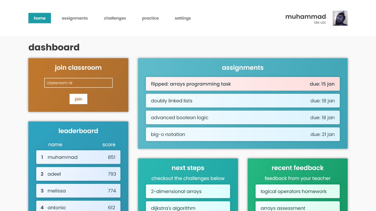 morahman162's tweet photo. Saw my sister's comp sci teacher struggling to teach coding remotely. It's a mess, code everywhere. Thought of something to fix it. A virtual learning environment for coding! Started by creating a UI design. Hoping to bring it to market this year! https://t.co/rBwkhp98EN
