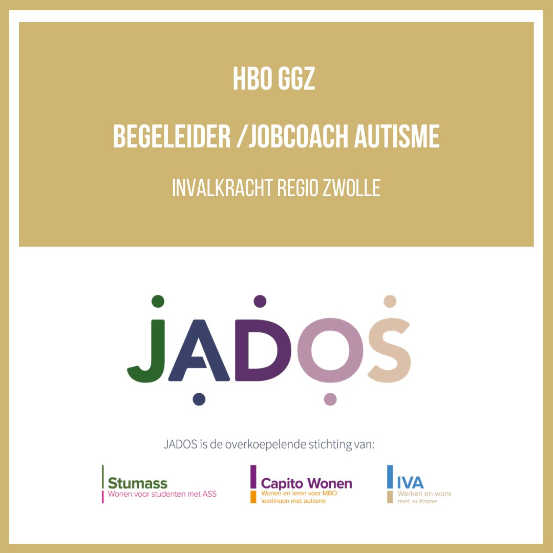 #Jados is op zoek naar een #invalkracht in de regio #Zwolle. Wil jij Jados leren kennen en kijken of deze functie bij jou past? Solliciteer dan op deze #vacature. ow.ly/FCYz50D9ncD