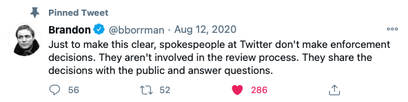 And yes you should contrast this to how Twitter reports to make these similar and very difficult decisions. I noted this in May in some important reporting from  @WillOremus. It's even the pinned tweet for Twitter's head of Comms. This firewall matters. /7  https://onezero.medium.com/inside-twitters-decision-to-fact-check-a-trump-tweet-b5a30eaa3b1d