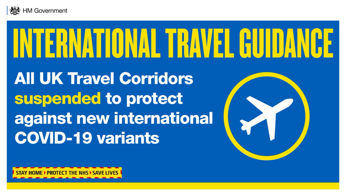 All UK Travel Corridors suspended to protect against new COVID-19 variants.

From 4am Mon 18 Jan, all travellers to the UK (including British &amp; Irish nationals) must:

✅Take a test in the 3 days before departure
✅Self-isolate for 10 days

👉gov.uk/government/new…