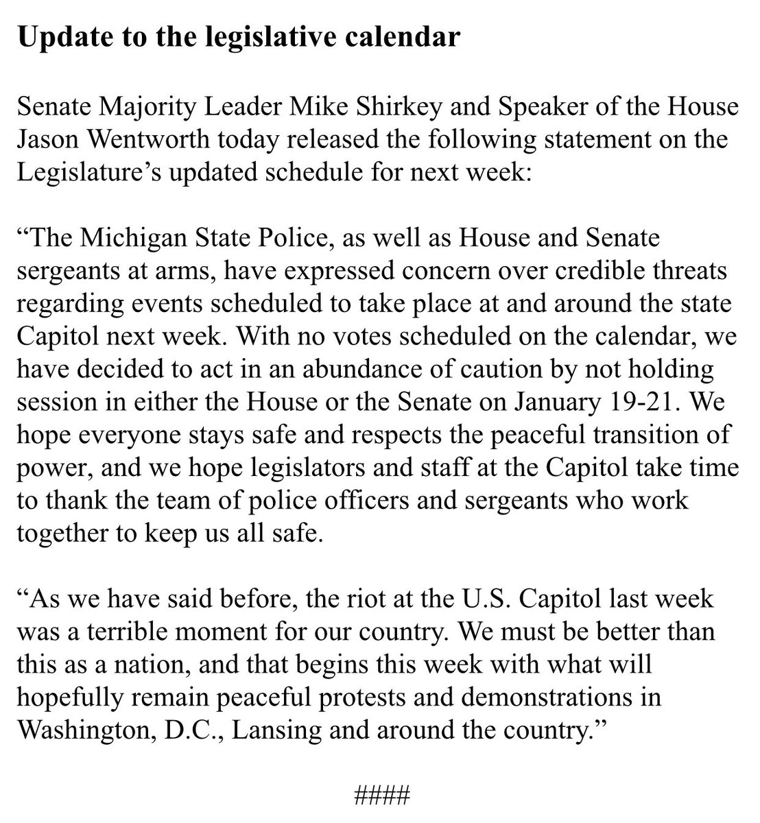 MichiganAdvance's tweet photo. NO Michigan House or Senate session next week over credible threats received by police. #mileg https://t.co/u9juVpfjif
