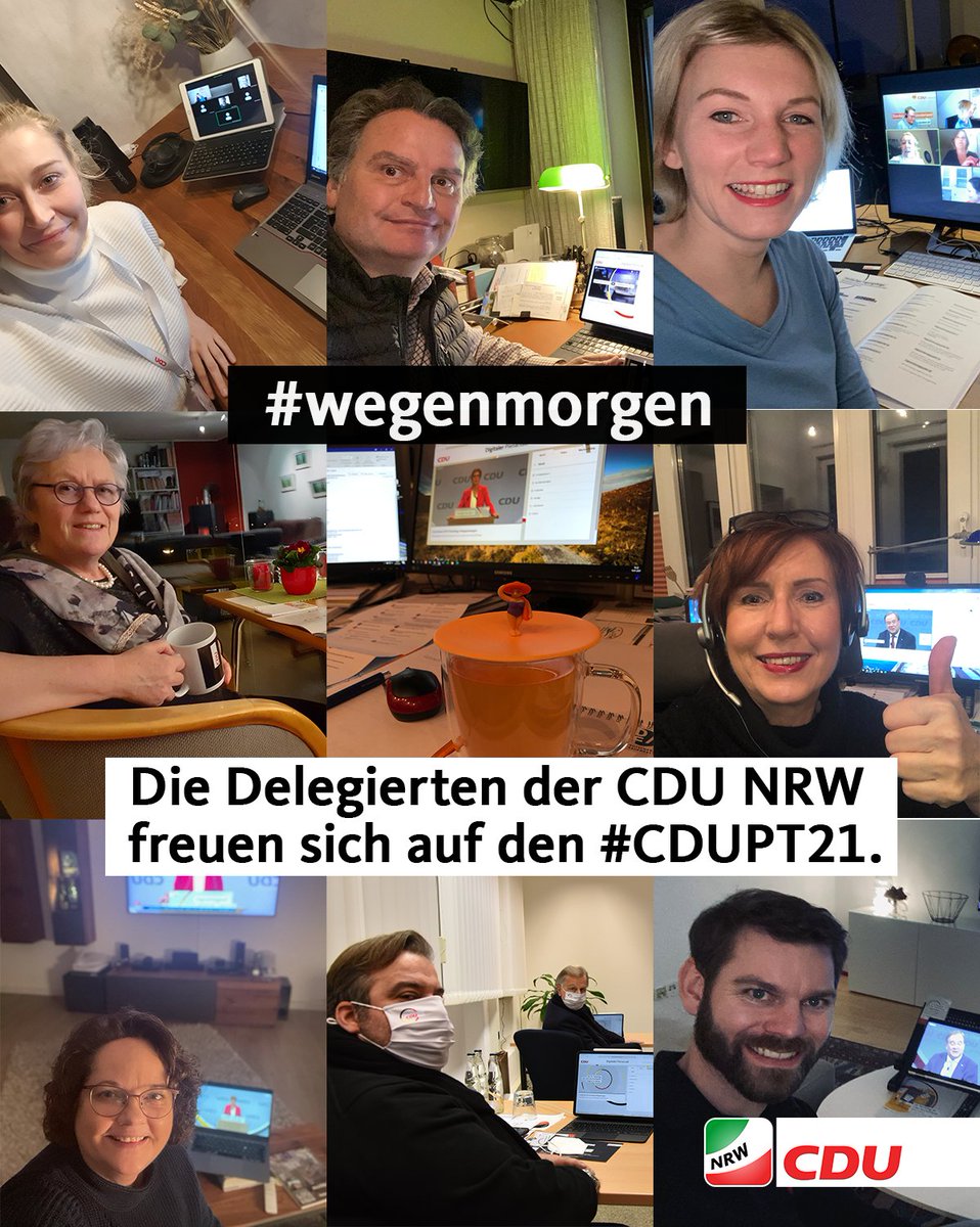CDUNRW_de's tweet photo. Seit 18 Uhr läuft der erste Digitale Parteitag der @CDU Deutschlands. Unsere Delegierten sind mir großer Freude dabei und freuen sich auf das, was da noch kommt. #wegenmorgen #cdupt21 https://t.co/fAipWeoHH7
