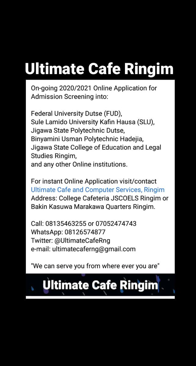 UltimateCafeRng's tweet photo. Online Applications into High Schools of Learning.

@UltimateCafeRng 

WE CAN SERVE YOU FROM WHERE EVER YOU ARE. https://t.co/SSww8Ca33p